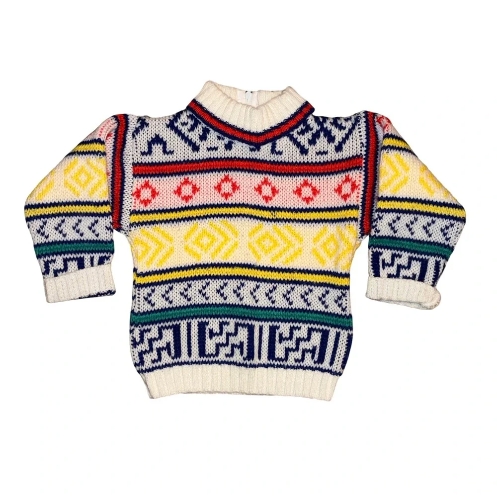 Vintage Toddler Fair Isle Geometric Knit Mock Neck Zip Back Sweater Multi-Color
